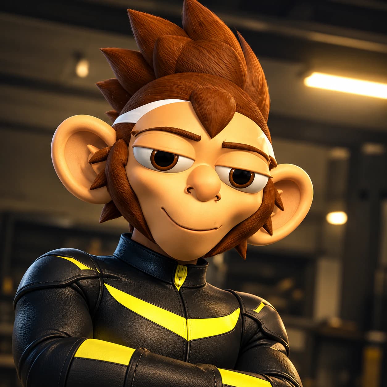 Close-up of the confident DumpMonkey character in his black and yellow racing jacket
