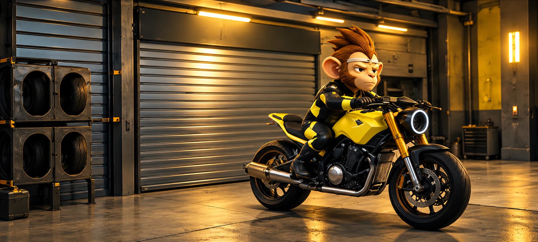 DumpMonkey on his yellow motorcycle in the Crew Yard workshop — concept artwork