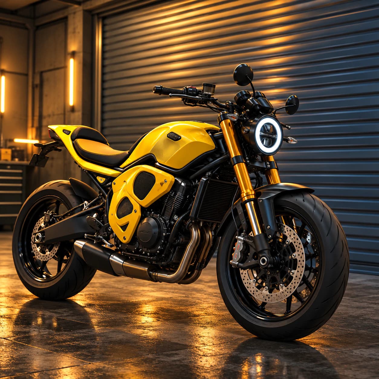 Yellow motorcycle in the workshop — concept artwork