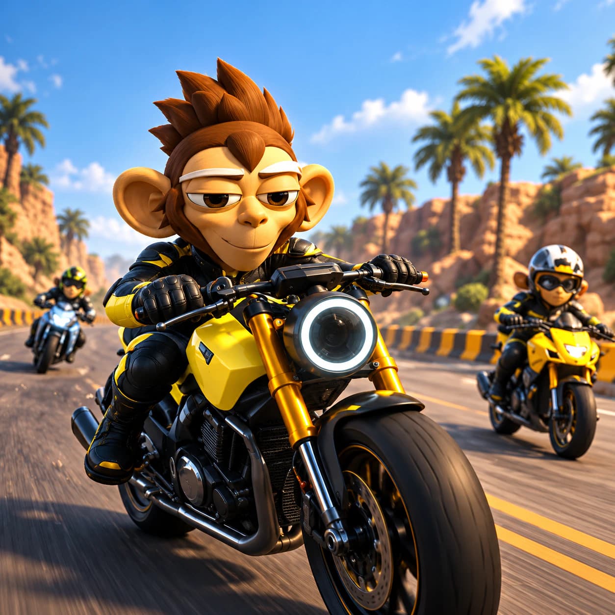 DumpMonkey riding a yellow motorcycle through a sunny palm-lined racing venue