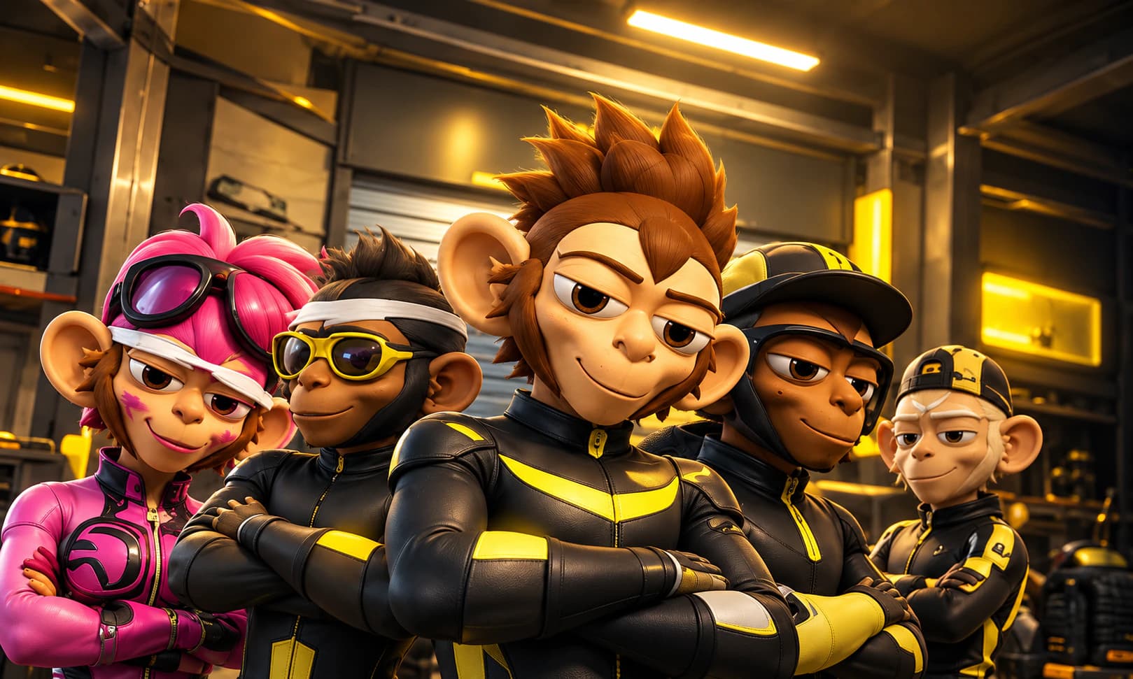 The DumpMonkey crew together: gold, pink, goggled and helmeted monkey riders in the garage